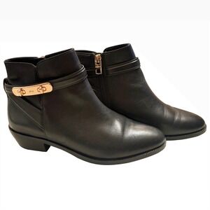 $345 COACH Coleen Sft Shine Black Leather Booties Ankle Boots Gold‎ Turnlock 6.5